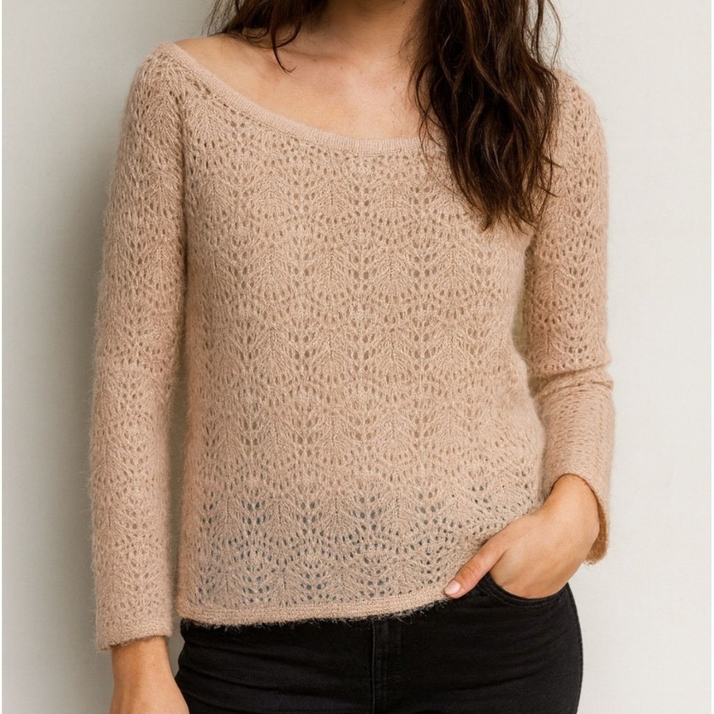 American Eagle Lace Knit Sweater‎ Tan Long Sleeve Boat Neck Women's M NWT